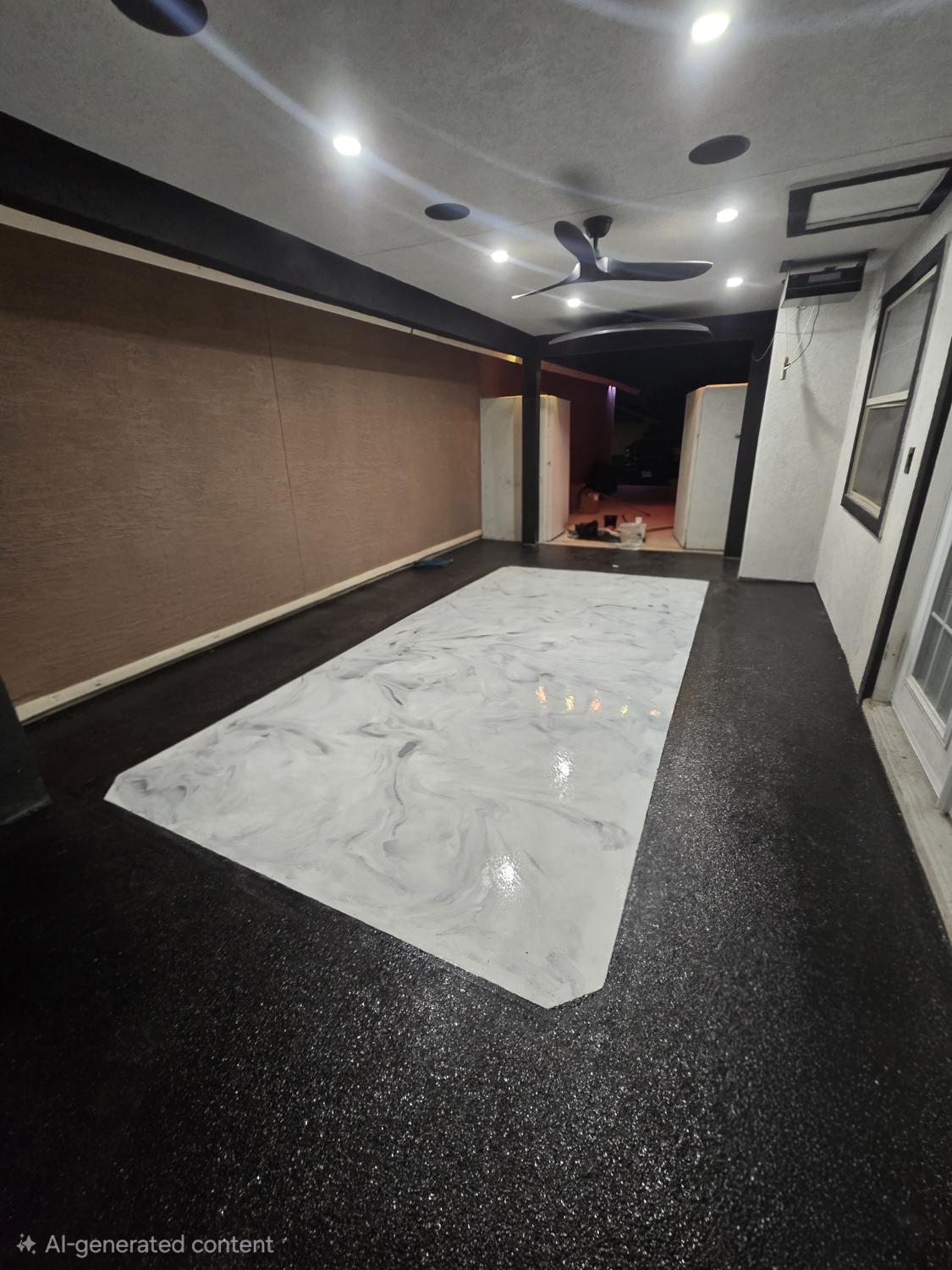 White metallic epoxy section on dark floor